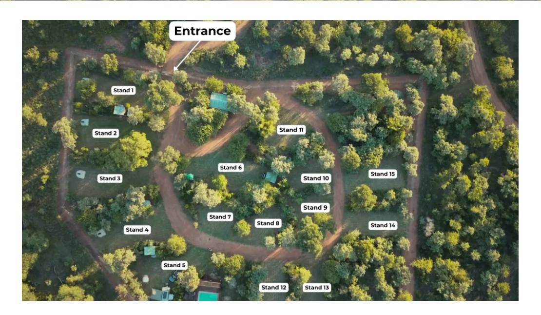 Aerial map of Steenbok Boskamp showing all 15 camping stands